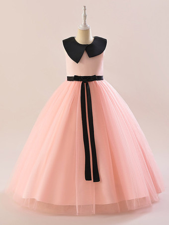 ピンク白いフラワーガールドレス 特別な日のためのドレス ホワイトチュール ノースリーブ ジュエルネック フラワーガールドレス