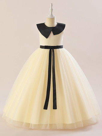 シャンパンカラー白いフラワーガールドレス 特別な日のためのドレス ホワイトチュール ノースリーブ ジュエルネック フラワーガールドレス