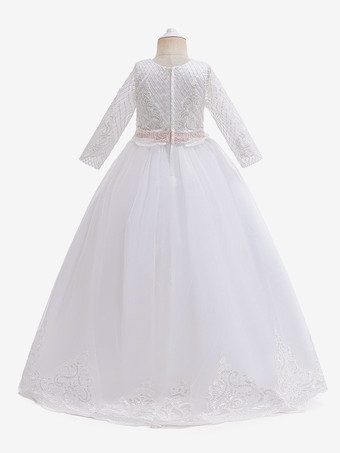 白いフラワーガールドレス ホワイトチュール ハーフスリーブ ジュエルネック フラワーガールドレス