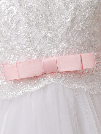 白いフラワーガールドレス ホワイトチュール ハーフスリーブ ジュエルネック フラワーガールドレス