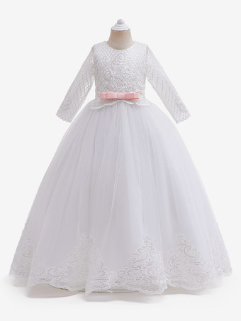 白いフラワーガールドレス ホワイトチュール ハーフスリーブ ジュエルネック フラワーガールドレス