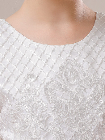 白いフラワーガールドレス ホワイトチュール ハーフスリーブ ジュエルネック フラワーガールドレス