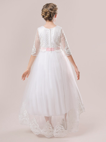 白いフラワーガールドレス ホワイトチュール ハーフスリーブ ジュエルネック フラワーガールドレス