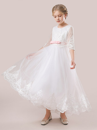 白いフラワーガールドレス ホワイトチュール ハーフスリーブ ジュエルネック フラワーガールドレス