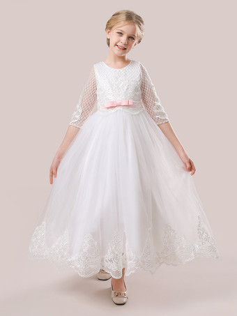 ホワイト 白いフラワーガールドレス ホワイトチュール ハーフスリーブ ジュエルネック フラワーガールドレス