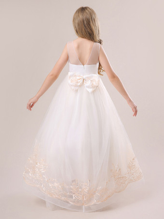 ホワイトフラワーガールドレス シャンパンレース ノースリーブ ジュエルネック フラワーガールドレス