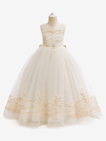 アプリコットホワイトフラワーガールドレス シャンパンレース ノースリーブ ジュエルネック フラワーガールドレス