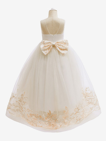 ホワイトフラワーガールドレス シャンパンレース ノースリーブ ジュエルネック フラワーガールドレス