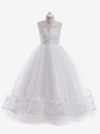 ホワイト ホワイトフラワーガールドレス シャンパンレース ノースリーブ ジュエルネック フラワーガールドレス