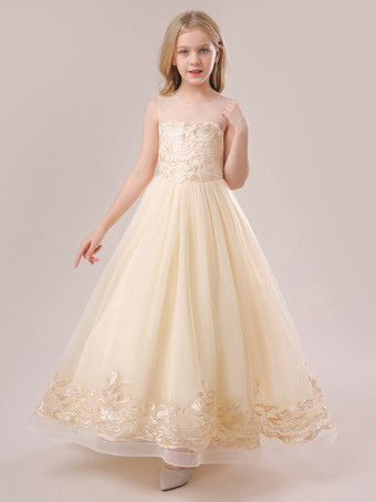 ホワイトフラワーガールドレス シャンパンレース ノースリーブ ジュエルネック フラワーガールドレス