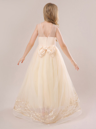 ホワイトフラワーガールドレス シャンパンレース ノースリーブ ジュエルネック フラワーガールドレス