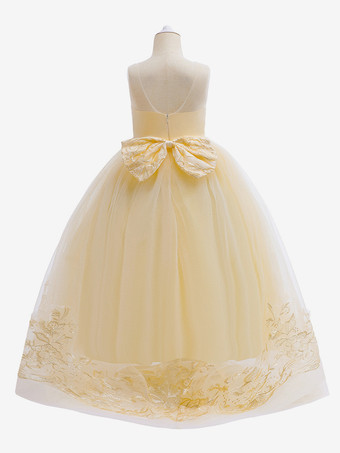 ホワイトフラワーガールドレス シャンパンレース ノースリーブ ジュエルネック フラワーガールドレス