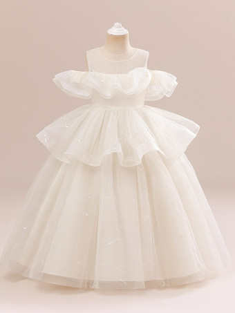 ホワイトフラワーガールドレス シャンパンオーガンザ ノースリーブ ジュエルネック フラワーガールドレス