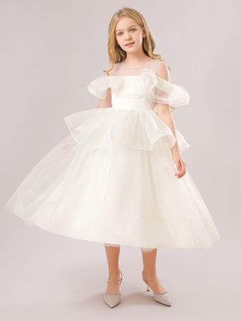 ホワイトフラワーガールドレス シャンパンオーガンザ ノースリーブ ジュエルネック フラワーガールドレス
