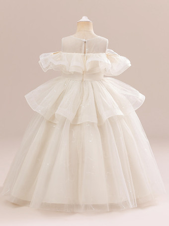 ホワイトフラワーガールドレス シャンパンオーガンザ ノースリーブ ジュエルネック フラワーガールドレス