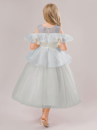 ホワイトフラワーガールドレス シャンパンオーガンザ ノースリーブ ジュエルネック フラワーガールドレス