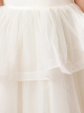 ホワイトフラワーガールドレス シャンパンオーガンザ ノースリーブ ジュエルネック フラワーガールドレス