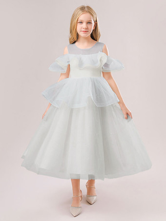 ライトグレーホワイトフラワーガールドレス シャンパンオーガンザ ノースリーブ ジュエルネック フラワーガールドレス