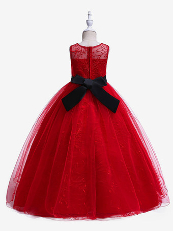 白いフラワーガールドレス 特別な日のためのドレス 赤いレースのノースリーブのジュエルネックのフラワーガールドレス