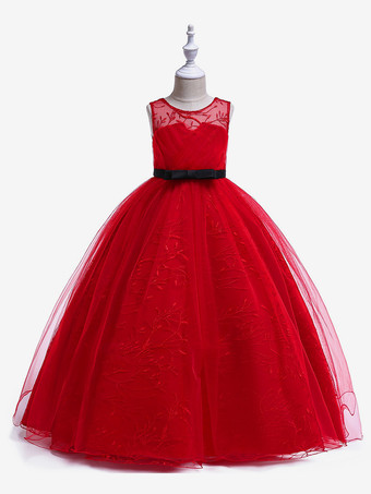 レッド 白いフラワーガールドレス 特別な日のためのドレス 赤いレースのノースリーブのジュエルネックのフラワーガールドレス