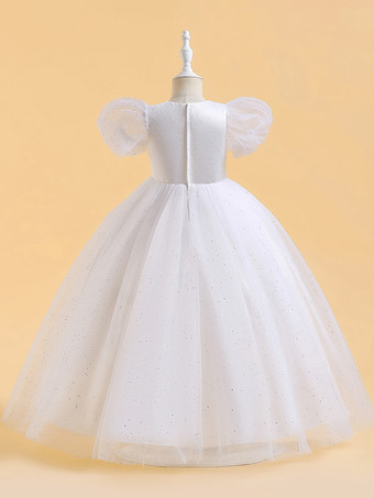 ホワイトフラワーガールドレス 特別な日のドレス ピンクのスパンコール半袖ジュエルネックフラワーガールドレス