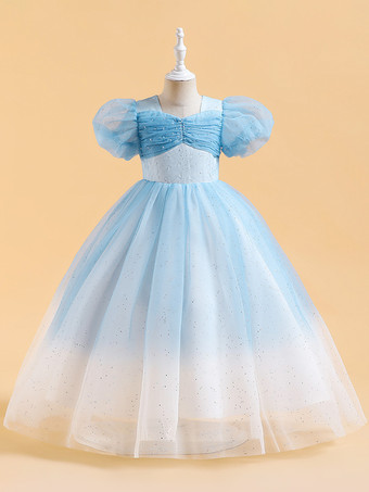 ベビーブルーホワイトフラワーガールドレス 特別な日のドレス ピンクのスパンコール半袖ジュエルネックフラワーガールドレス