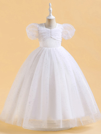 ホワイト ホワイトフラワーガールドレス 特別な日のドレス ピンクのスパンコール半袖ジュエルネックフラワーガールドレス