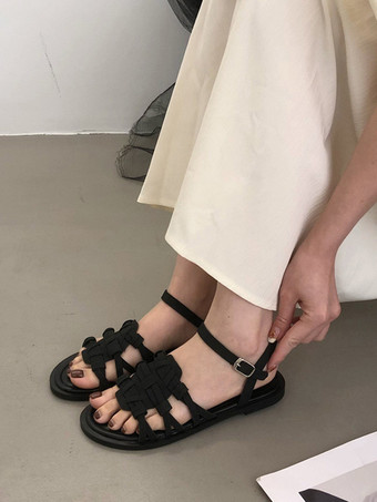 Sandalias planas para mujer con hebilla bohemia y punta redonda con tiras