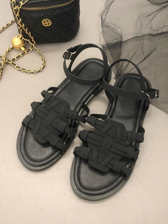 negro Sandalias planas para mujer con hebilla bohemia y punta redonda con tiras