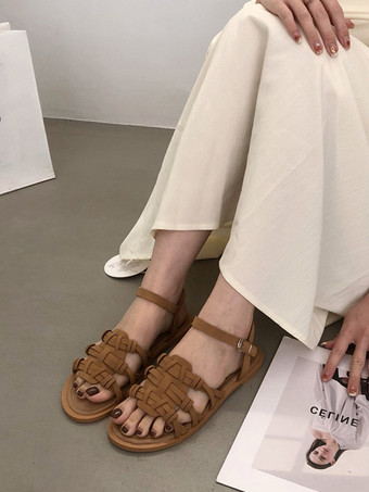 Sandalias planas para mujer con hebilla bohemia y punta redonda con tiras