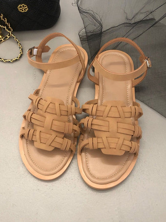 marrón claro Sandalias planas para mujer con hebilla bohemia y punta redonda con tiras