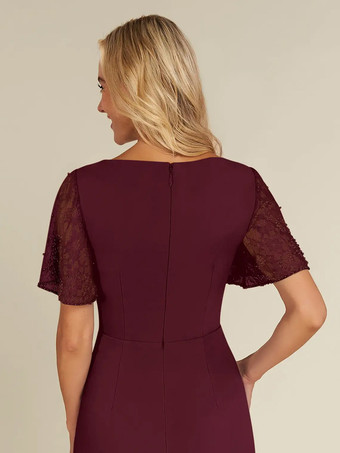 ブライダルマザードレス Vネック 半袖 シース ビーズ ゲストドレス 結婚式用