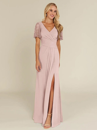 サーモンピンクブライダルマザードレス Vネック 半袖 シース ビーズ ゲストドレス 結婚式用