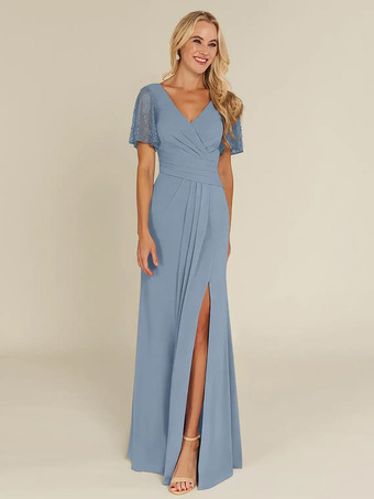 グレーブルーブライダルマザードレス Vネック 半袖 シース ビーズ ゲストドレス 結婚式用