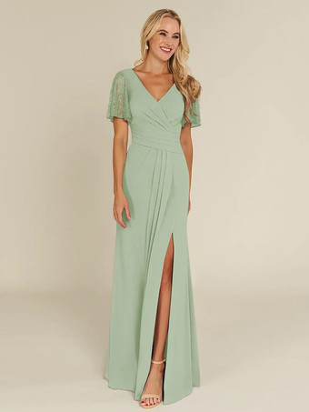 セージグリーンブライダルマザードレス Vネック 半袖 シース ビーズ ゲストドレス 結婚式用