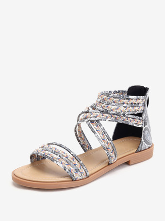 ブラック ボヘミアン フラットサンダル レディース オープントゥ クロシェ ジップアップ サンダル フラット