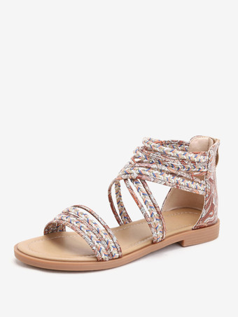 ブラウン ボヘミアン フラットサンダル レディース オープントゥ クロシェ ジップアップ サンダル フラット