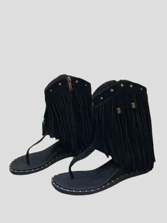noir Sandales plates Boho tongs bottines Bohomia avec glands