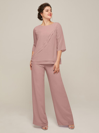 サーモンピンクマザードレス ジュエルネック 7分袖 ツーピース フリル フロアレングス ゲストドレス 結婚式用