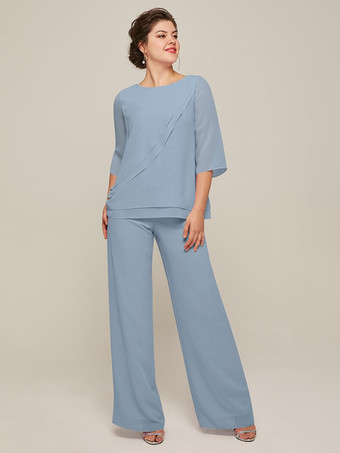 スレートグレー マザードレス ジュエルネック 7分袖 ツーピース フリル フロアレングス ゲストドレス 結婚式用