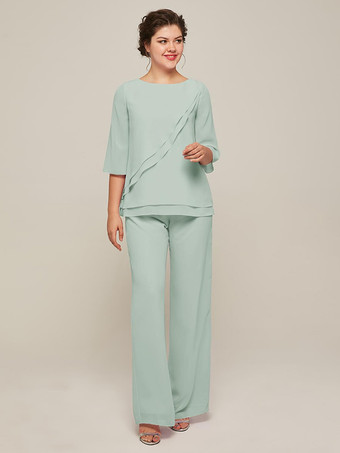 パステルグリーンマザードレス ジュエルネック 7分袖 ツーピース フリル フロアレングス ゲストドレス 結婚式用