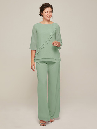 セージグリーンマザードレス ジュエルネック 7分袖 ツーピース フリル フロアレングス ゲストドレス 結婚式用