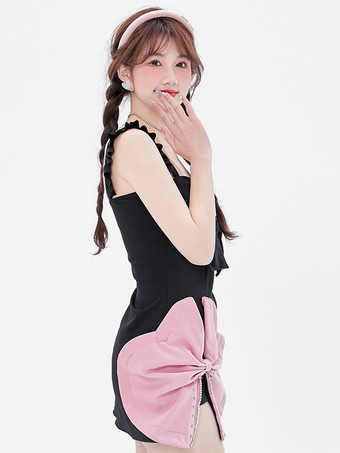 スイートロリータ衣装 ブラック フリル リボン ノースリーブ ドレス パンツ