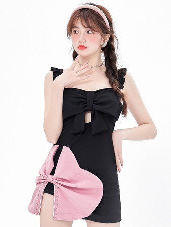 ブラック スイートロリータ衣装 ブラック フリル リボン ノースリーブ ドレス パンツ