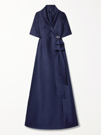 花嫁の母親のためのパーティードレス。デザインされたネックライン、半袖、Aライン、ビーズ付き、床までの長さのゲストドレス。結婚式用。