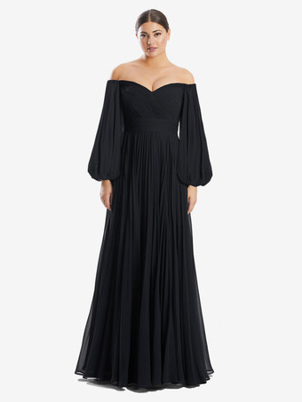 ブラックブライダルマザードレス バトーネック 長袖 Aライン プリーツ フロアレングス ゲストドレス 結婚式用