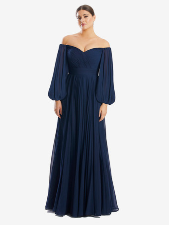 ダークネイビーブライダルマザードレス バトーネック 長袖 Aライン プリーツ フロアレングス ゲストドレス 結婚式用