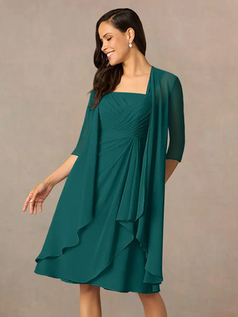 ブルーグリーンマザードレス スクエアネック ハーフスリーブ ツーピース プリーツ ゲストドレス 結婚式用