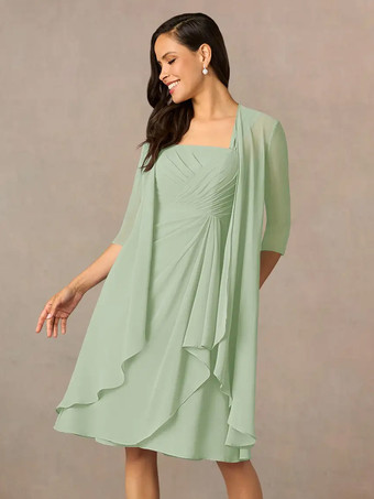 セージグリーンマザードレス スクエアネック ハーフスリーブ ツーピース プリーツ ゲストドレス 結婚式用