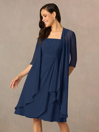 ディープブルーマザードレス スクエアネック ハーフスリーブ ツーピース プリーツ ゲストドレス 結婚式用